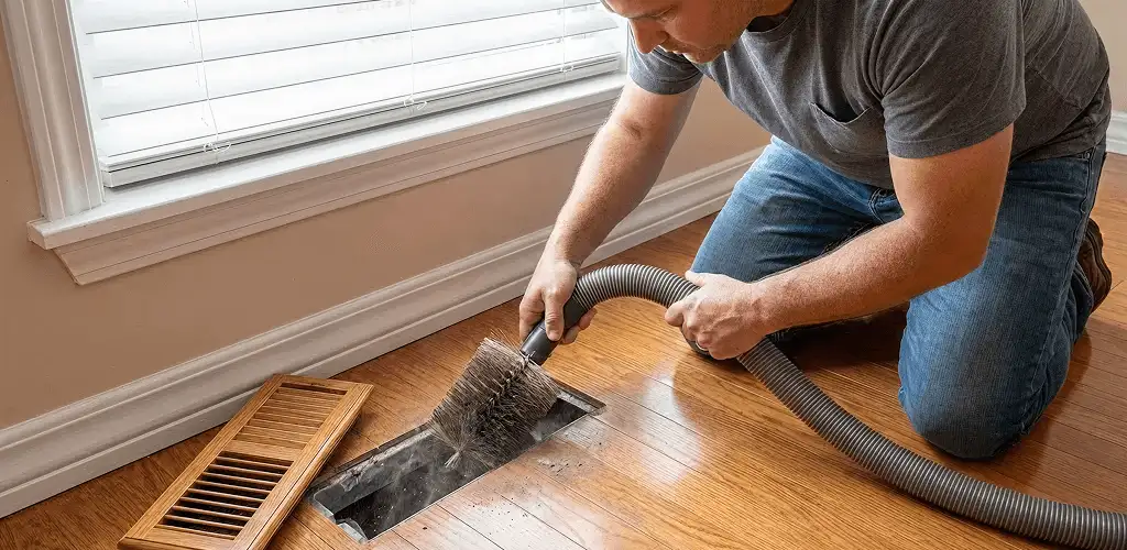 Air duct cleaning technician vacuuming a floor vent and duct opening in Richmond, VA