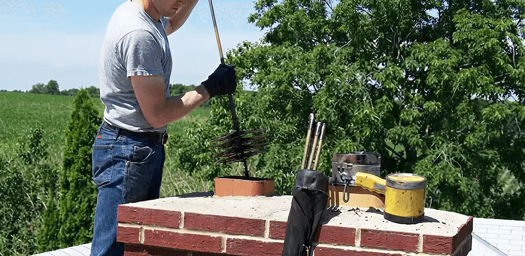 Chimney cleaning technician working on a rooftop chimney with professional tools in Richmond, VA