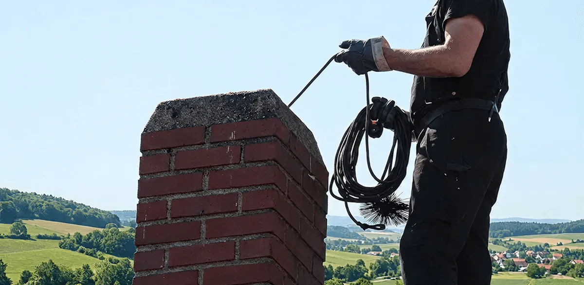 Chimney sweep inspecting and cleaning a rooftop chimney in Richmond, VA