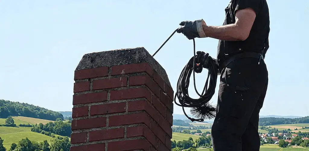 Chimney sweep inspecting and cleaning a rooftop chimney in Richmond, VA
