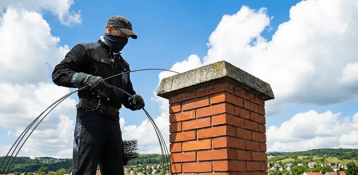 Chimney sweep cleaning a brick chimney with professional tools in Richmond, VA