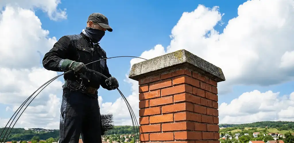 Chimney sweep cleaning a brick chimney with professional tools in Richmond, VA