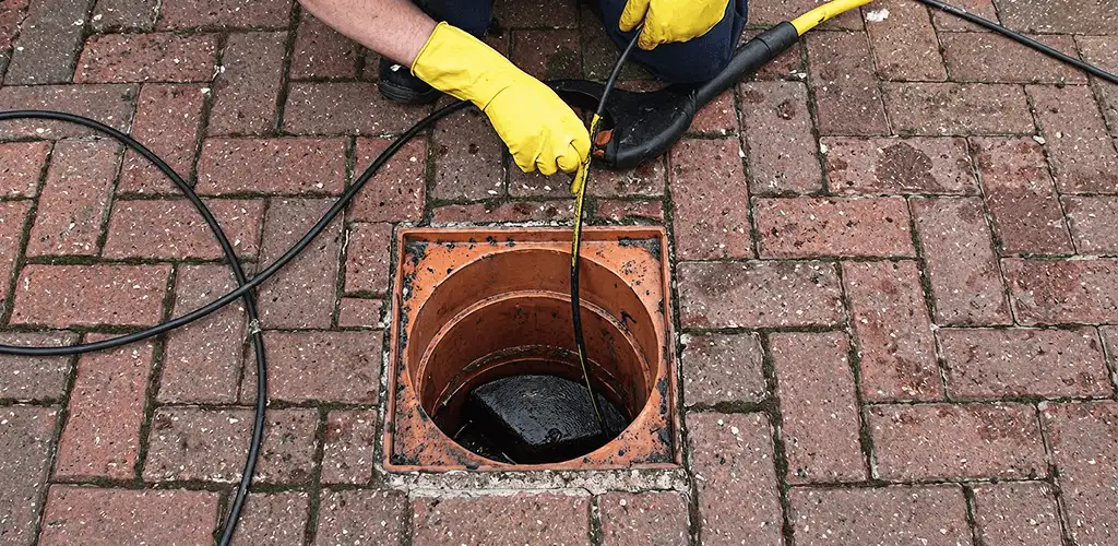 Drain cleaning technician using a drain snake to clear a clogged drain in Richmond, VA
