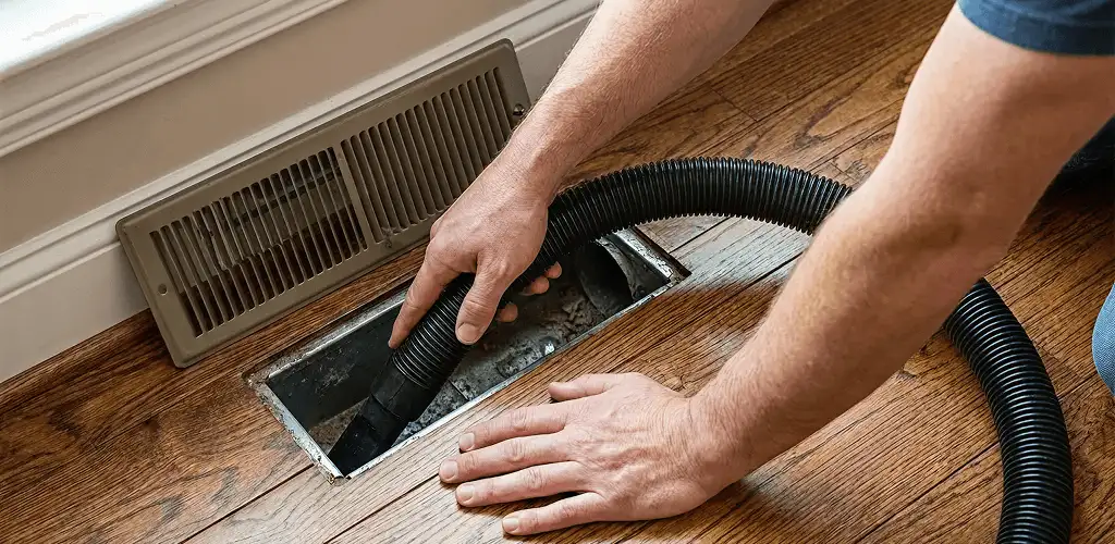Air duct cleaning technician vacuuming a floor register and duct opening in Richmond, VA