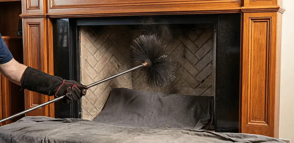 Chimney cleaning service brushing soot from a fireplace and flue in Richmond, VA
