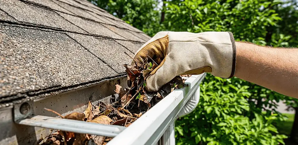 Gutter cleaning removing leaves and debris from roof gutters in Richmond, VA