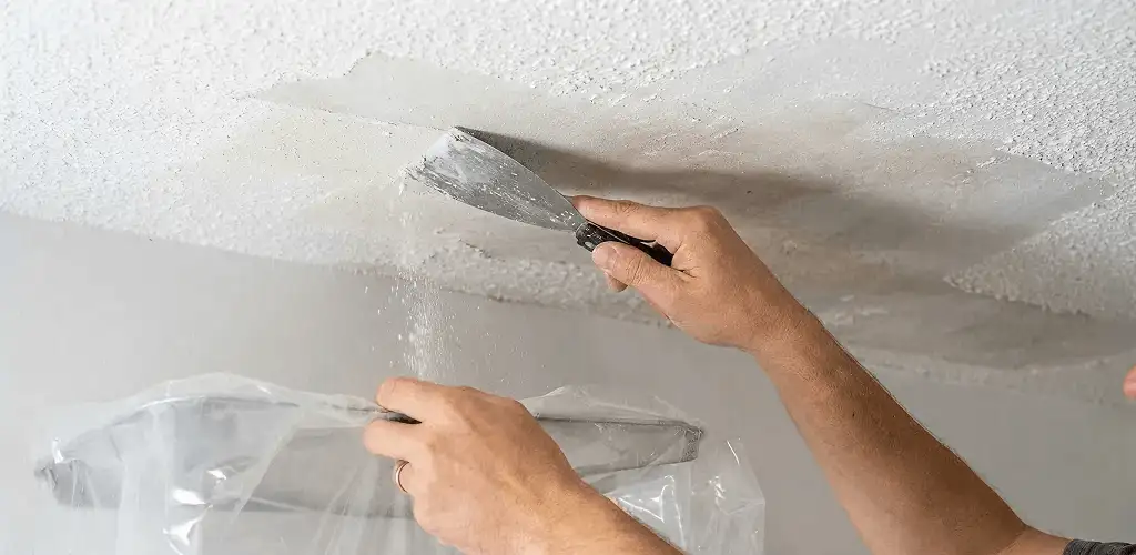 Popcorn ceiling removal technician scraping texture from a ceiling in Richmond, VA