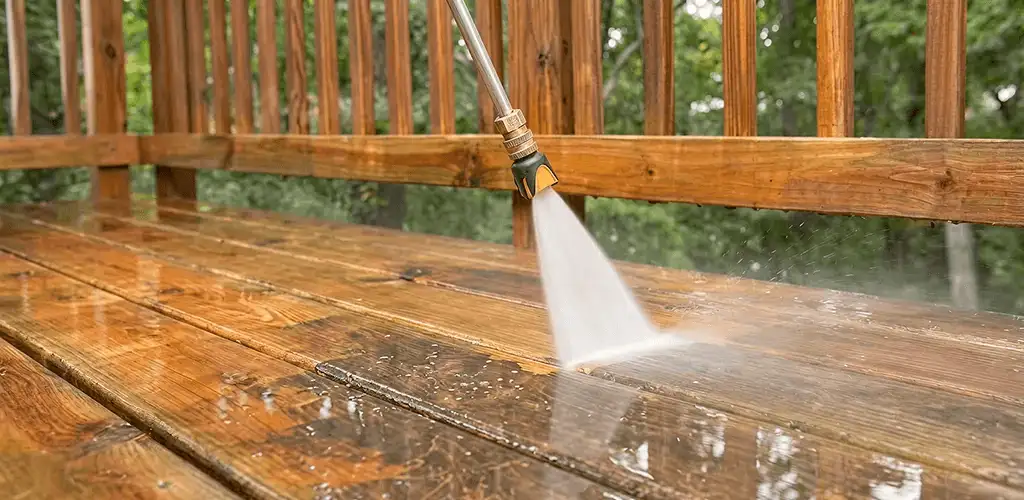 Pressure washing a wood deck to remove dirt and buildup in Richmond, VA