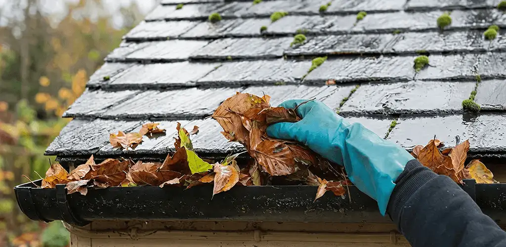 Gutter cleaning technician clearing wet leaves from roof gutters in Richmond, VA