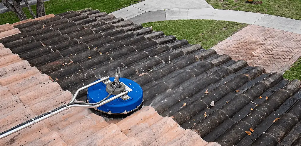 Roof pressure cleaning removing debris and buildup from roof tiles in Richmond, VA