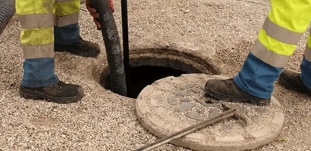 Drain cleaning crew clearing a sewer access point with professional equipment in Richmond, VA