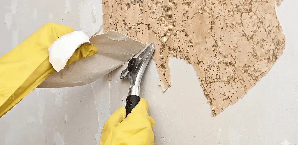 Wallpaper removal service stripping old wallpaper from a wall in Richmond, VA