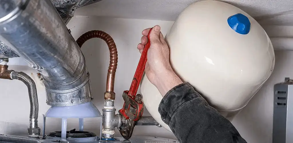 Water heater repair technician tightening plumbing connections near a tank unit in Richmond, VA