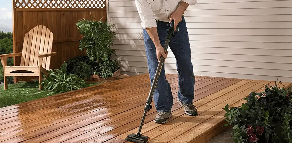 Deck staining service applying stain to a backyard wood deck in Richmond, VA